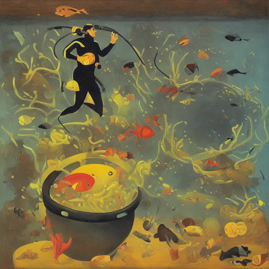 Image similar to “painting of a scuba diver swimming in a fish bowl . the bowl is standing in the desert, style of henri rousseau”