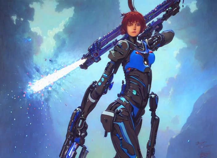 Image similar to character design digital 2 d women indian evangelion cyborg blue armor with and hologram galaxie gun by gaston bussiere, anna nikonova aka newmilky, greg rutkowski, yoji shinkawa, yoshitaka amano, tsutomu nihei, muira, moebius, donato giancola, trending on artstation, featured on pixiv