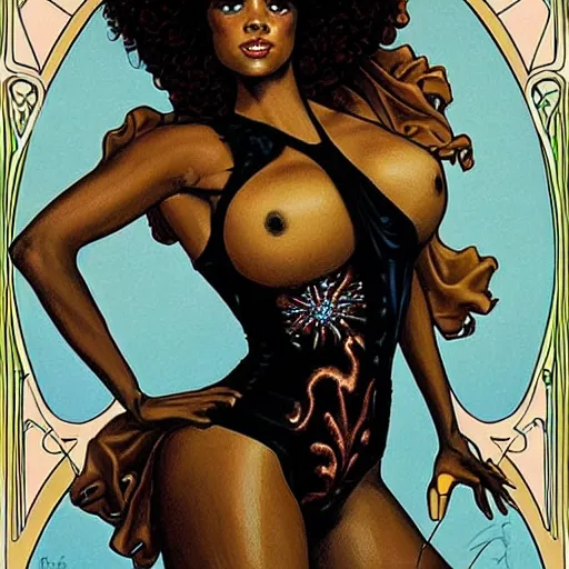 Prompt: a stunning perfect art nouveau styled portrait of a beautiful veluptuous female funk ballerina from the disco era with afro hair and large buttocks in a revealing chic outfit by travis charest and rodney matthews, perfect female anatomy, athletic muscle tone, perfectly symmetrical facial features, intricately hyperdetailed, psychedelic, enticing, alluring, bell bottoms, max resolution