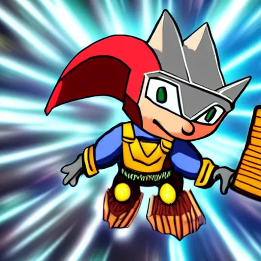 Image similar to the hedgehog thor ~ holding his hammer ~ dramatic thunder background ~ fighting scene ~