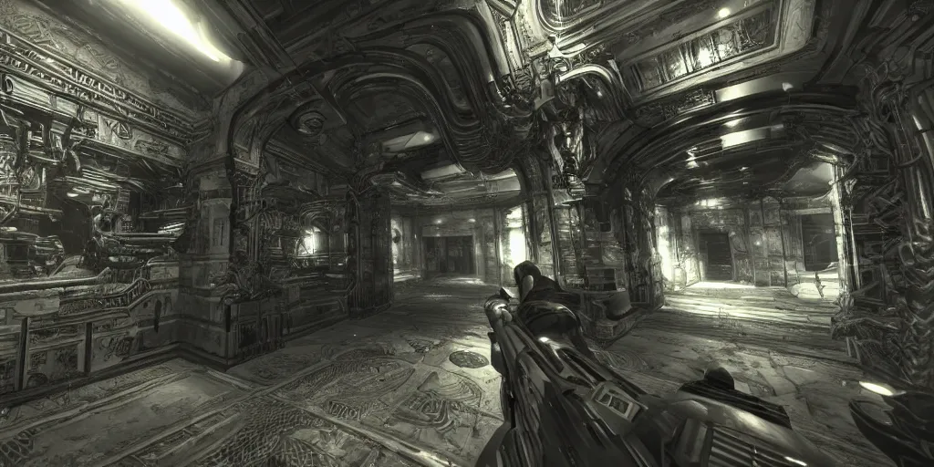 Image similar to Gameplay footage of a first person game designed by H.R Giger and Kojjima, amazing graphics, raytracing, detailed