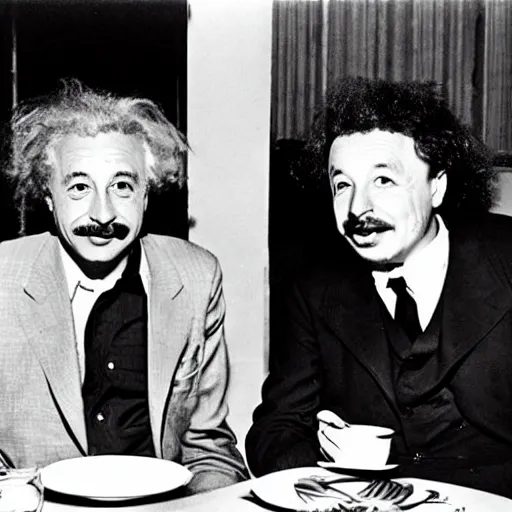 Image similar to photo of elon musk and albert einstein sitting next to each other at a table with stacks of dogecoin