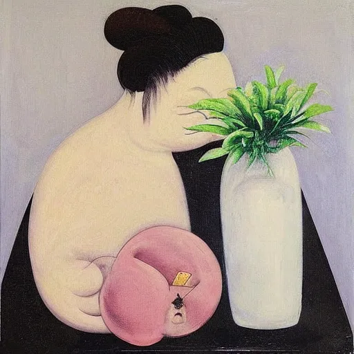 Prompt: “a portrait in an art student’s apartment, a feminine pig sitting at a dining table, pork, ikebana white flowers, white wax, squashed berries, acrylic and spray paint and oilstick on canvas, by munch and Dali”