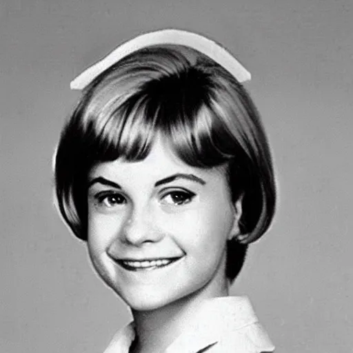 Image similar to a yearbook photo of Betty Cooper in 1966, she has a ponytail and bangs