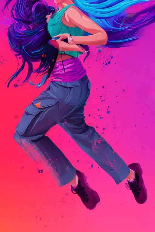 Image similar to a award winning half body porttrait of a beautiful woman in a croptop and cargo pants with ombre purple pink teal hairstyle with head in motion and hair flying, paint splashes, outrun, vaporware, shaded flat illustration, digital art, trending on artstation, highly detailed, fine detail, intricate