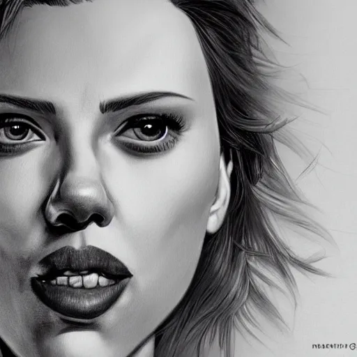 Prompt: funny caricature painting of scarlett johansson, closeup of face, drawing by mahesh nambiar, archille superbi, carola rubio, artstation