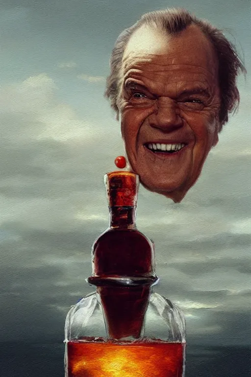 Prompt: imagine a ship in a bottle but instead of a ship a young jack nicholson is in the bottle, jack nicholson, fancy whiskey bottle, masterpiece painting by greg rutkowski