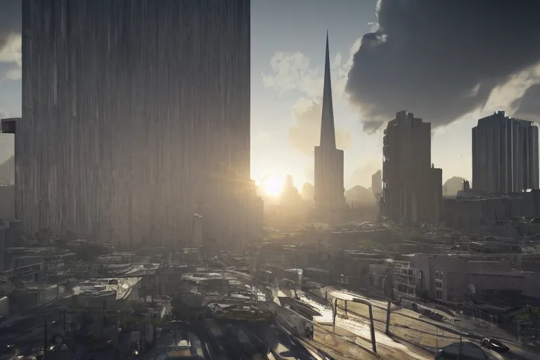 Image similar to streetscape, a towering cathedral of brutalist architecture, buildings covered with greebles, stunning volumetric light, sunset, metal, concrete and translucent material, stunning skies, majestic landscape, trending on Artstation, 8k, photorealistic, hyper detailed, unreal engine 5, IMAX quality, cinematic, epic lighting, in the style of Greg Rutkowski