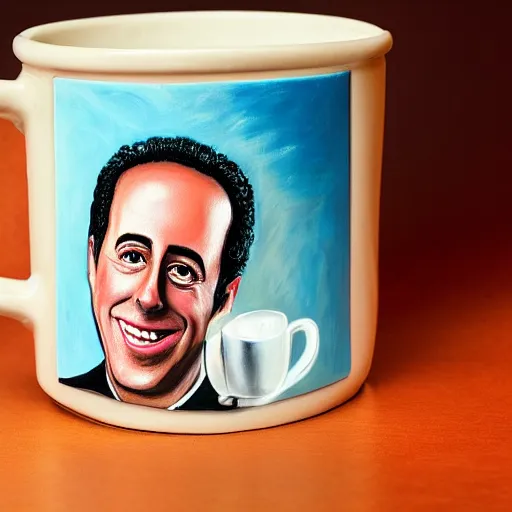 Image similar to coffee cup with an oil painting of jerry seinfeld, studio lighting, 4 k