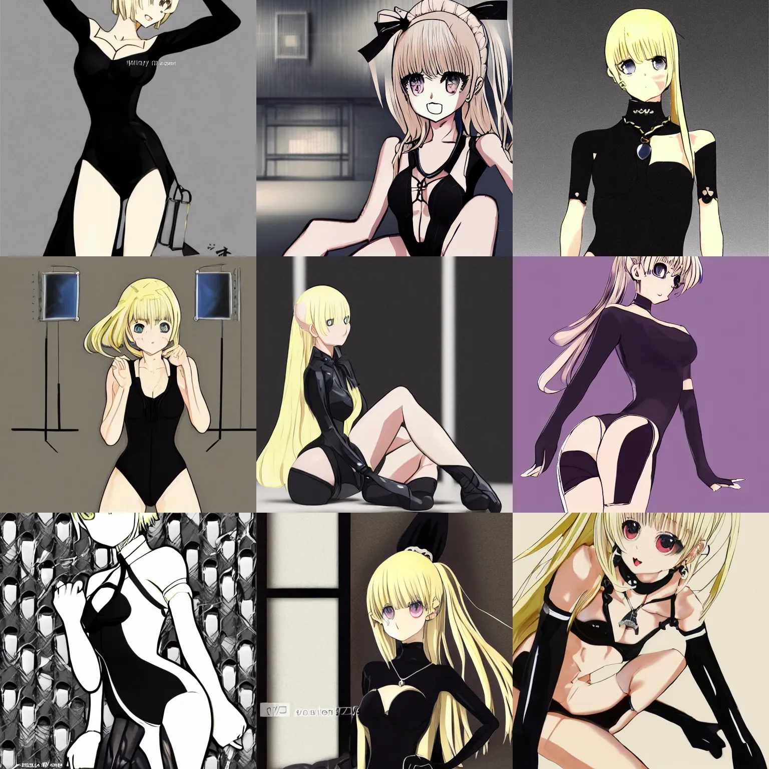 Prompt: Worksafe. Pixiv manga sketch Illustration,close-up blonde princess posing in empty photo studio,wearing black leotard,black gloves,pendant,thigh highs.Accurately shaped face, contour lines.Anime style at Pixiv,Danbooru and ArtStation,by krenz cushart,makoto shinkai,tony taka,ilya kuvshinov,shirow masamune,8K HD,clean image,very sharp,high contrast,bokeh