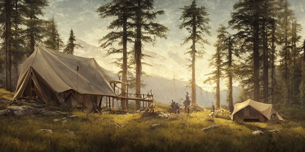 Image similar to cabela's tent fabric shelled pop up family dwelling unit, cabin, modular, person in foreground, mountainous forested wilderness open fields, beautiful views, painterly concept art, joanna gaines, environmental concept art, farmhouse, magnolia, concept art illustration by ross tran, james gurney, by craig mullins, by greg rutkowski