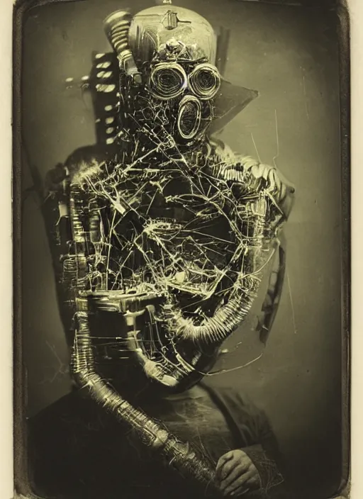 Prompt: old wetplate daguerreotype portrait of the birth of a super masked villain cyborg, explosion of data fragments, fractal, intricate, elegant, highly detailed, parallax, leica, medium format, subsurface scattering, by jheronimus bosch and greg rutkowski and louis jacques mande daguerre