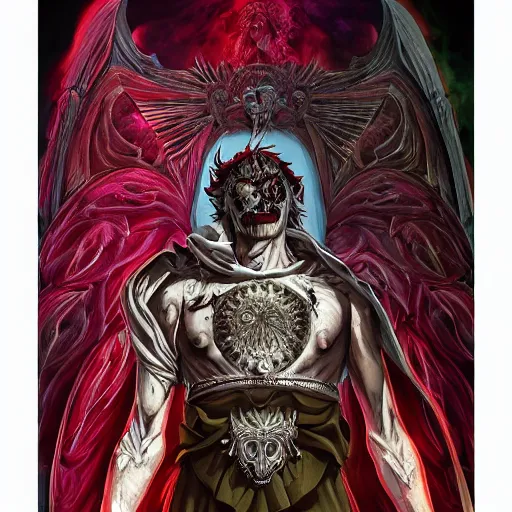 Image similar to 4K headshot portrait of godlike Warlock of Nazareth with defined arms and open hands and bloody clothes with giant mandala wings , intricate face , flawless anime cel animation by Kentaro Miura, psychedelic , highly detailed upper body , professionally post-processed , beautiful, scary, symmetry accurate features, epic, octane rendered, anime masterpiece, accurate by Craig Mullins, ilya kuvshinov, krenz cushart, epic , artgerm trending on artstation by Edward Hopper and Dan Mumford and WLOP and Rutkovsky, beksinski carl spitzweg moebius and tuomas kocar, intricate artwork by caravaggio, Unreal Engine 5, Lumen, Nanite