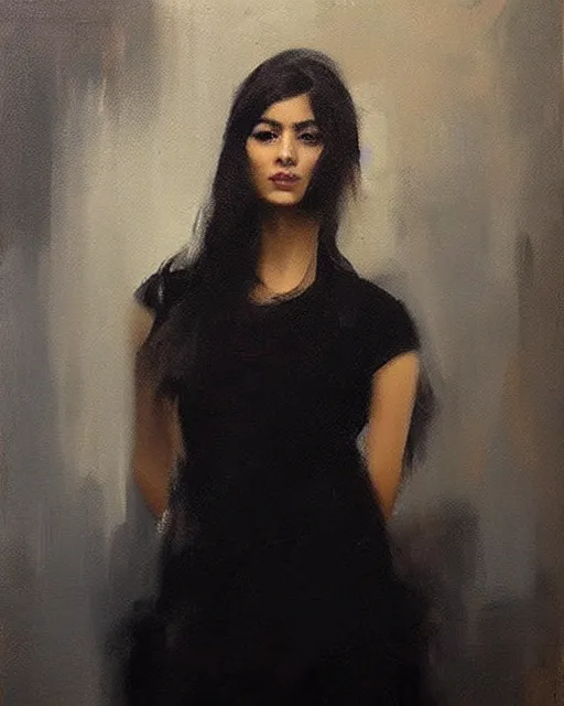 Image similar to beautiful portrait painting an gorgeous delhi girl wearing a little black dress, oil painting, art by ruan jia