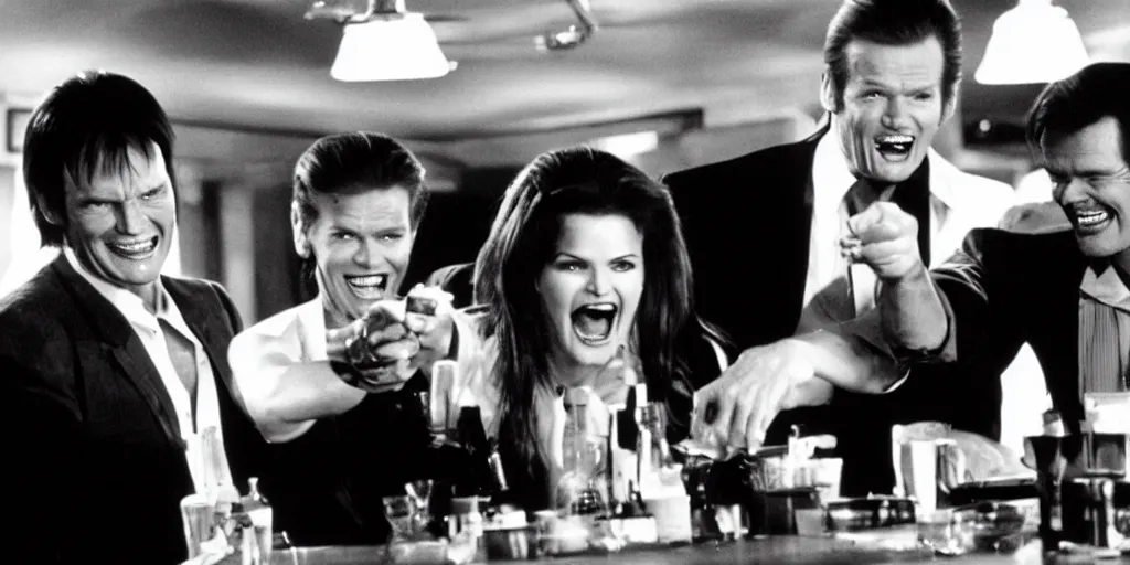 Prompt: still frame of Geena Davis, Roger Moore and Jim Carrey in Pulp Fiction laughing hysterically in a dark bar over a tiny gun