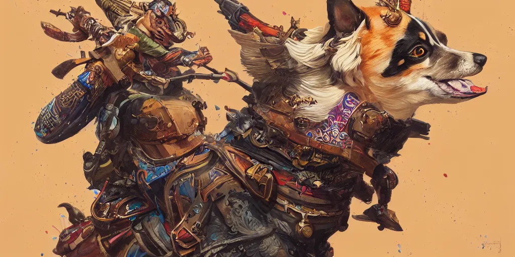 Prompt: beautiful painting of fantasy corgi assassin king, by Tristan Eaton, James Gurney, greg rutkowski. trending on Artstation, 8k, masterpiece, graffiti paint, fine detail, full of color, intricate detail, golden ratio illustration, corgi