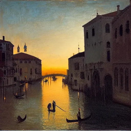 Image similar to A beautiful backlight sunset scene of historic Venice with gondola and reflective water in the style of Johannes Vermeer