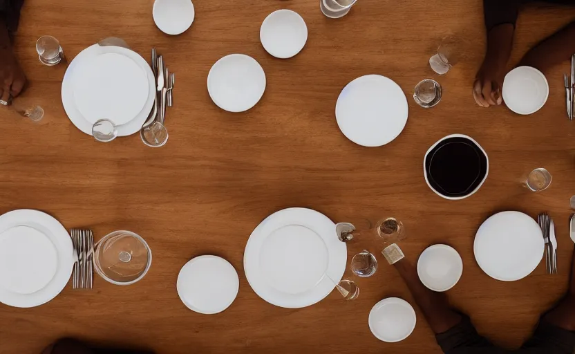 Prompt: top view of a dining table, natural light, cinematic lighting, 8 k