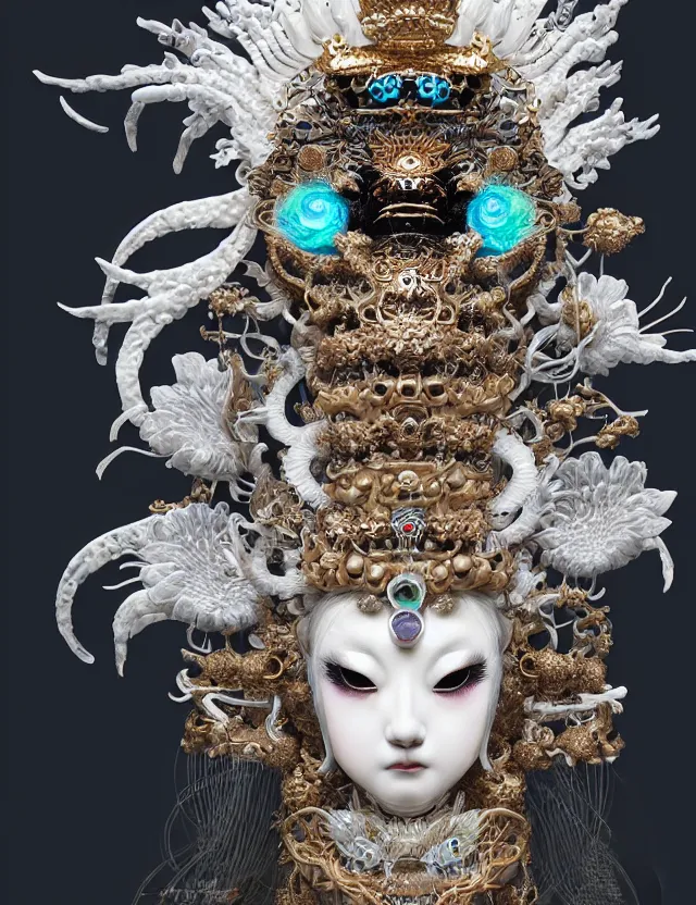 Image similar to goddess macro close - up portrait wigh crown made of ram skull. beautiful intricately detailed japanese crow kitsune mask and clasical japanese kimono. betta fish, jellyfish phoenix, bioluminiscent, plasma, ice, water, wind, creature, super intricate ornaments artwork by tooth wu and wlop and beeple and greg rutkowski