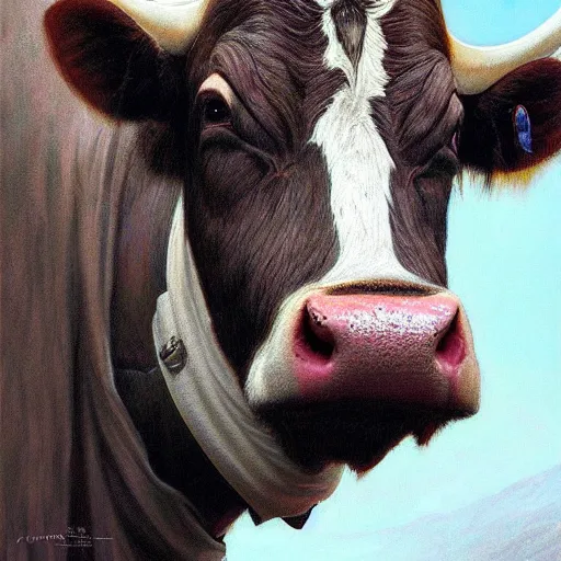 Image similar to cow as a realistic fantasy knight, closeup portrait art by donato giancola and greg rutkowski, realistic face, digital art, trending on artstation, symmetry!!