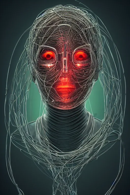 Image similar to organic cyborg head wrapped in barb wire by Jamie Coreth, trending on artstation, centered, symmetrical, cinematic lighting, hologram colors, bilateral symmetry, 80s poster, polished, thick smoke, retro dark vintage sci-fi, 2D matte illustration