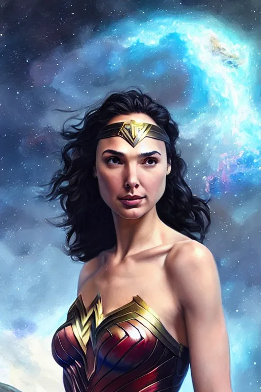 Prompt: Gal Gadot floating in the Cosmos, anatomy, only two hands, highly detailed, digital painting, artstation, concept art, smooth, sharp focus, illustration, Unreal Engine 5, 8K, art by art by artgerm and greg rutkowski and edgar maxence