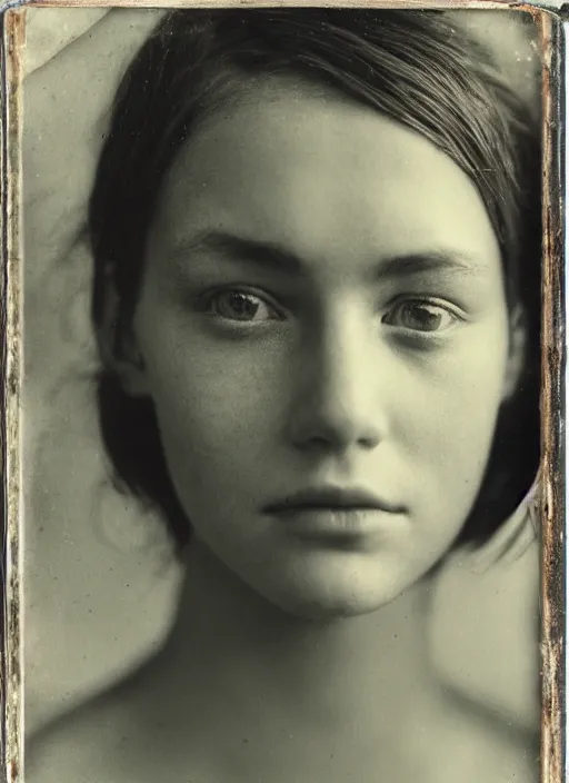 Image similar to high resolution close up portrait of a young women, photo realistic, elegant, award winning photograph, parallax, cinematic lighting, ambrotype wet plate collodion by martin shuller, richard avedon dorothe lange and and shane balkowitsch