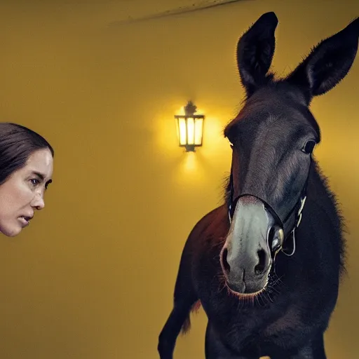 Image similar to noire detective shot with 4k dslr camera of James the detective horse. Bojack horseman inspired detective show. My home used to be stable, now lifes gone to trott. Donkey in a trenchcoat smoking acigar. MDMHay infused darkroom darkengine shot by netflix, high budget, cgi by james gunn.