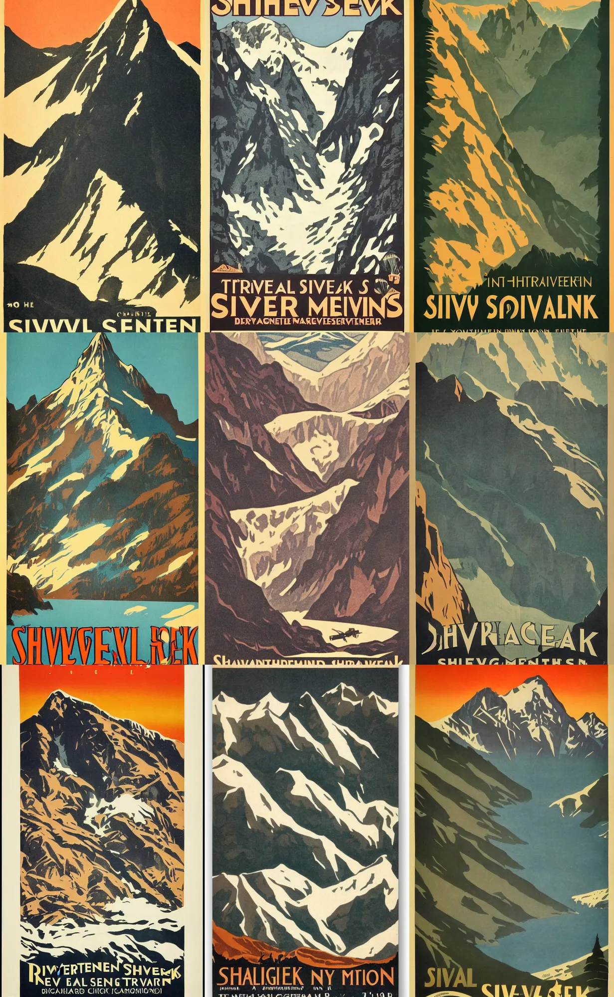 Prompt: travel poster from 1920 for the Shiverpeak Mountains, vintage