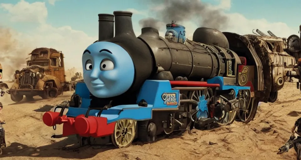 Prompt: armed Thomas the Tank Engine in MAD MAX: FURY ROAD