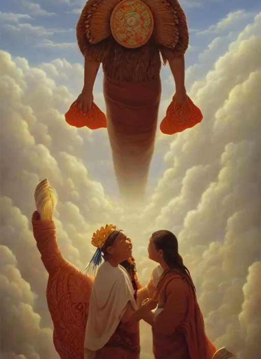 Image similar to portrait of a indigenous grandparents in the clouds, smiling, protection, benevolence, ancestors, art by christophe vacher