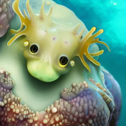 Image similar to close-up of a sea slug looking like fantasy characters with cute faces live in its habitat, trending on artstation