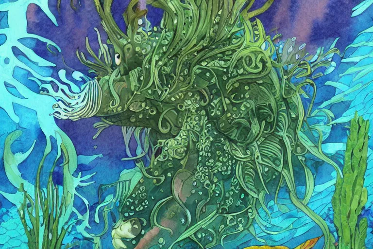 Prompt: watercolor artwork of exotic, elegant underwater tropical prints of the creatures of atlantis : : green, art nouveau, trending on artstation