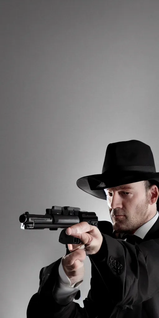 Image similar to serious looking man in a black suit and black fedora hat. he has a big silver gun, 4 k, atmospheric, epic scene, strong shadows, high contrast