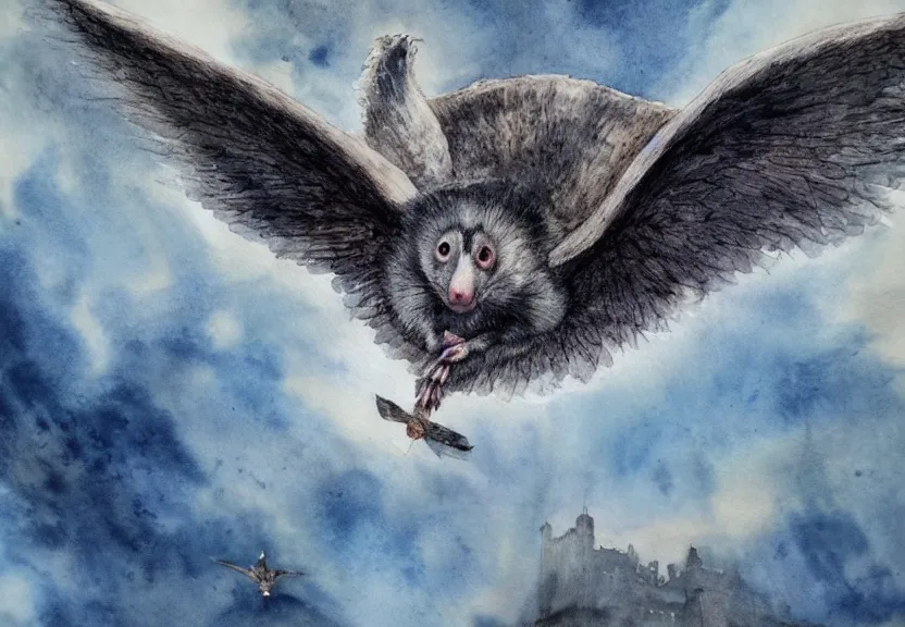 Image similar to epic winged possum flying over a medieval castle under a dark starred sky, dark fantasy, watercolor, dreaming illusion, highly detailed, 4k, trending on Artstation, award-winning