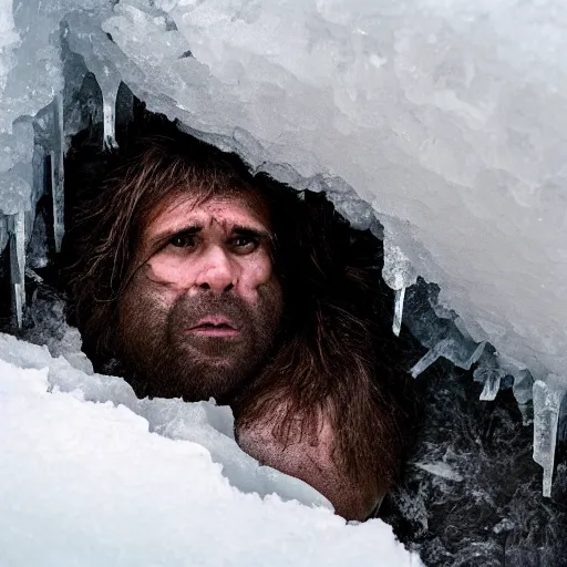 Image similar to caveman encased in a huge block of ice. national geographic. contest winning. trapped, stuck, fixed, immobile, surrounded, snowy