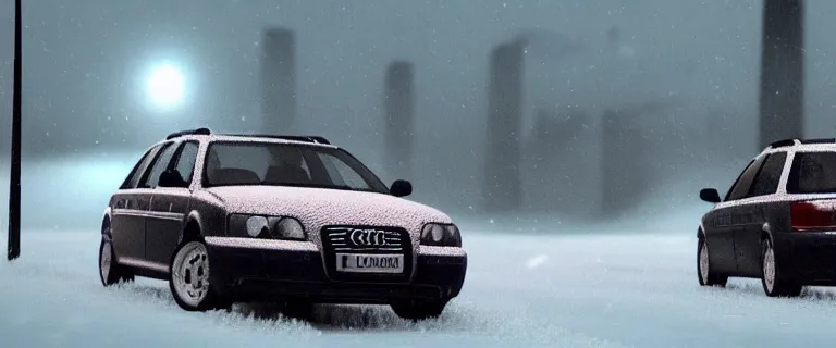 Prompt: Audi A4 B6 Avant (2002), a gritty neo-noir, dramatic lighting, cinematic, eerie person, death, homicide, homicide in the snow, gunshots, establishing shot, extremely high detail, photorealistic, cinematic lighting, artstation, by simon stalenhag, Max Payne (PC) (2001) winter New York at night, In the style of Max Payne 1 graphic novel, flashing lights, Poets of the Fall - Late Goodbye