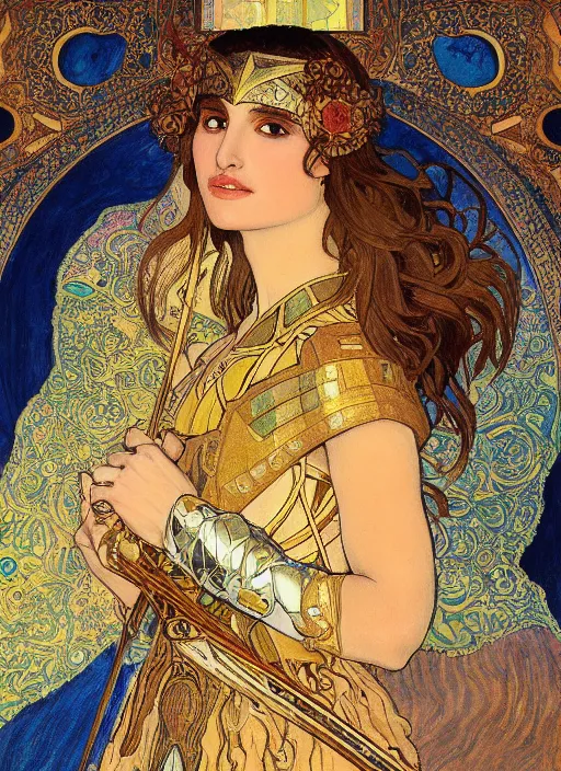 Prompt: natalie portman as a fantasy female knight figurine in a light armor, soft transitions, mixed media, in the art style of alphonse mucha and claude monet and gustav klimt