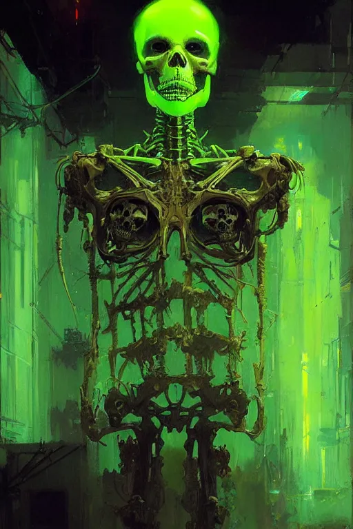Image similar to cybernetic ghost skeleton neon green accents portrait dnd, painting by gaston bussiere, craig mullins, greg rutkowski, yoji shinkawa