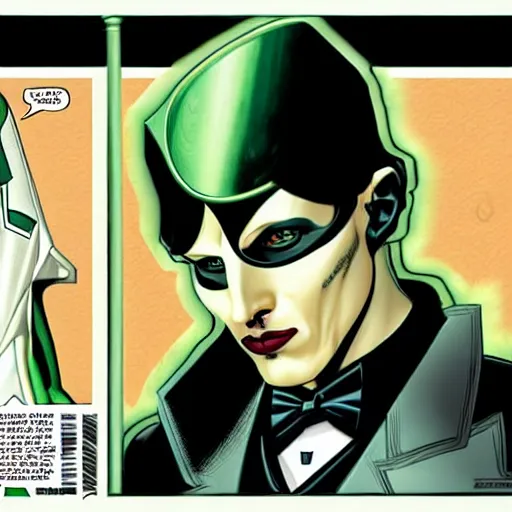 Prompt: Adam Hughes comic art, wide shot, handsome elegant male Nikola Tesla, futuristic spy, kabuki mask, beautiful evil sneer, symmetrical face, symmetrical eyes, leather clothing and boots, long straight green black hair, full body, Indigo occult pattern