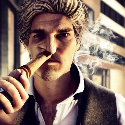 Image similar to a high quality photo of xqc smoking a cigar, 3d scene, render, ultra realistic, artstation, cgsociety