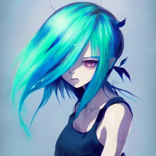 Image similar to 3 / 4 view portrait of anime pixie character with blue to green gradient hair, manga cover, highly detailed, digital painting, artstation, concept art, sharp focus, illustration, strong brush stroke, anime, sharp focus, ghibli studio, art by ilya kuvshinov, rossdraws