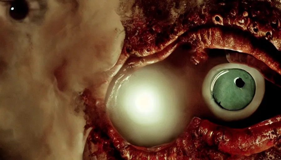 Image similar to Big budget horror movie about people being absorbed and digested by an eyeball blob monster.