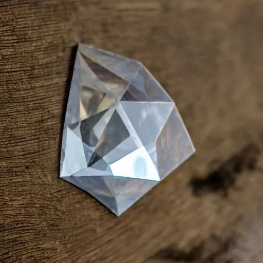 Prompt: dslr closeup photo still of a massive faceted cut diamond on an oak table, 8 k, 8 5 mm f 1. 4