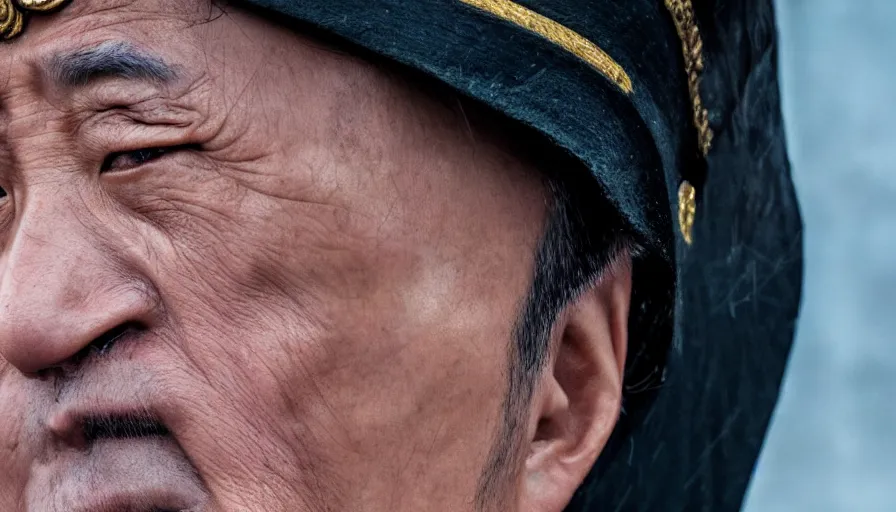 Image similar to hyper-realistic and anamorphic 2010s movie still close-up portrait of a chinese general, by Paolo Sorrentino, Leica SL2 50mm, beautiful color, high quality, high textured, detailed face