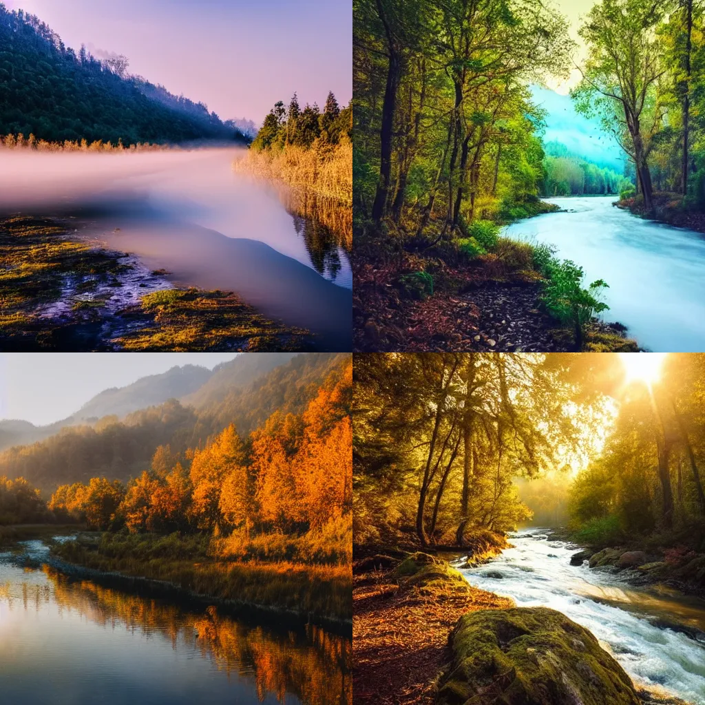 Prompt: beautiful photo of a river in forest, slight fog, blue sky, mountains the background, golden hour photography