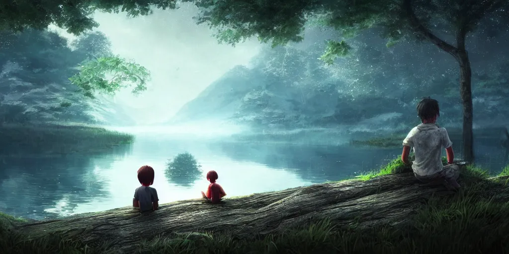 Image similar to a silver dragon and a boy sitting next to lake in forest, many fireflys, at night, concept art, dof, cryengine, digital art, detailed background, makoto shinkai