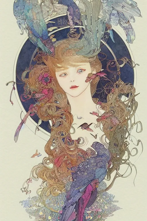 Prompt: a beautiful intricate watercolor illustration of a girl with birds,, 4 k, ultra - wide angle, by william turner, by victo ngai, by alphonse mucha, by miho hirano, by moebius, hd, trending on artstation, hyper detailed, muted intense colors