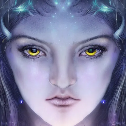 Image similar to masterpiece digital painting realistic portrait of beautiful forest goddess, 3 0 years woman, close face view, soft face, moonlight, elf forest background, at night, by luis royo, artstation, deviantart, unreal engine,, cinematic lights, dark blue purple tones, aura effects, light sparks