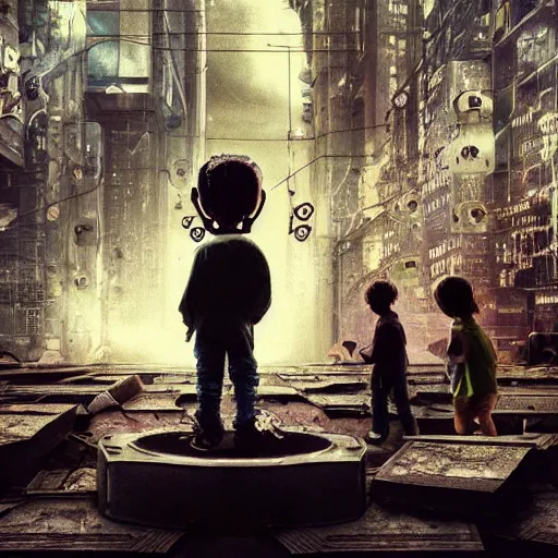 Prompt: children systematic thinking and critical thinking image, surreal, hyper realism, cyberpunk, dark color, futurestic, dystopian, immense details, deep, octane rendering